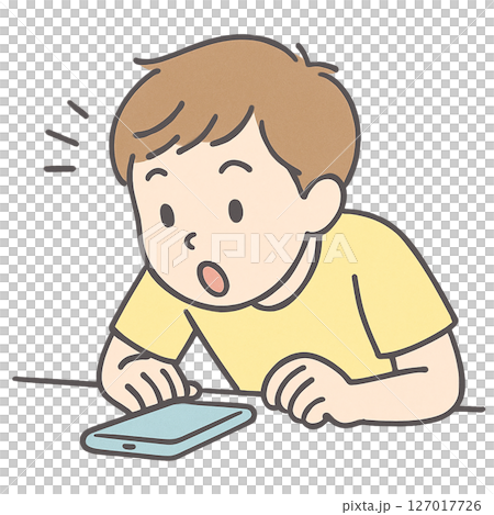 スマホを見て驚く男の子のイラスト・リアクション素材 127017726