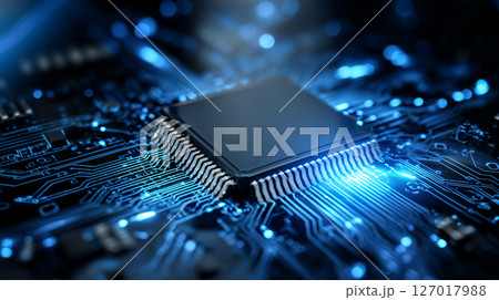 Close Up of Tech Square Processor Glows on Circuit Layout Close Up of Tech Square Processor Glows on Circuit Layout 127017988