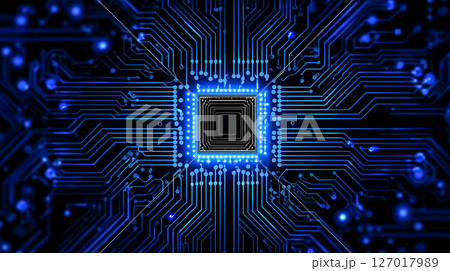 Glowing Blue Processor on Futuristic Circuit Grid 127017989