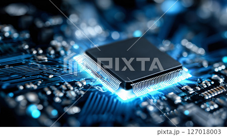 Futuristic Square Processor Glowing in Blue 127018003