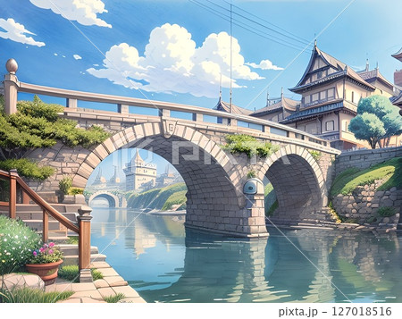 街中の川に架かる石のアーチ橋 127018516