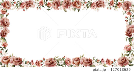 Rose flower frame. Dusty pink garden flowers rectangular arrangement. Watercolor hand painted floral isolated illustration for wedding design, home textile, porcelain crockery, cosmetic package labels Rose flower frame. Dusty pink garden flowers rectangular arrangement. Watercolor hand painted floral isolated illustration for wedding design, home textile, porcelain crockery, cosmetic package labels 127018629