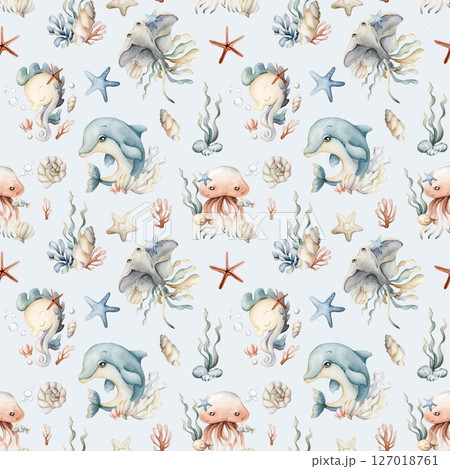 Cute sea animals and plants. Dolphin seahorse jellyfish stingray seaweed shell and starfish. Watercolor summer seamless pattern on blue background for kids baby nursery textile fabric wrapping paper Cute sea animals and plants. Dolphin seahorse jellyfish stingray seaweed shell and starfish. Watercolor summer seamless pattern on blue background for kids baby nursery textile fabric wrapping paper 127018761