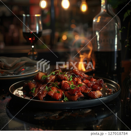 Delicious Hot Bacon Plate on Table 127018784