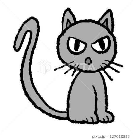 Hand drawn crayon illustration of grey cat for cartoon character, comic, mascot, mood, patch, brooch, animal, pet shop, vet, expression, emoji, kitten drawing, plush toy, kid doll, sticker, tattoo 127018833