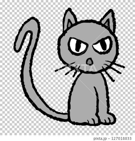 Hand drawn crayon illustration of grey cat for cartoon character, comic, mascot, mood, patch, brooch, animal, pet shop, vet, expression, emoji, kitten drawing, plush toy, kid doll, sticker, tattoo 127018833