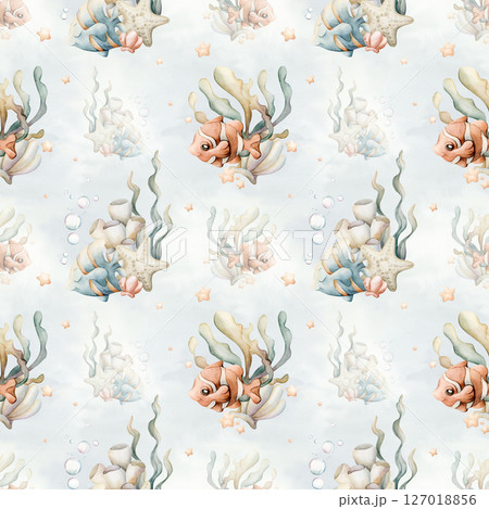 Cute Clown Fish Angelfish Sea Starfish Shell Seaweeds. Adorable deep underwater world. Watercolor summer marine seamless pattern on blue background for kids baby nursery textile fabric wrapping paper Cute Clown Fish Angelfish Sea Starfish Shell Seaweeds. Adorable deep underwater world. Watercolor summer marine seamless pattern on blue background for kids baby nursery textile fabric wrapping paper 127018856