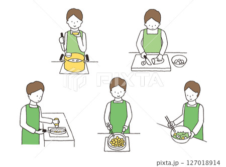 料理をしている男性の手描きイラストセット 料理をしている男性の手描きイラストセット 127018914