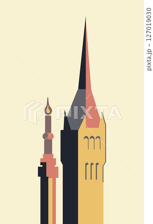 Vector illustration of two old towers in gothic style. Flat design. Medieval architecture. 127019030