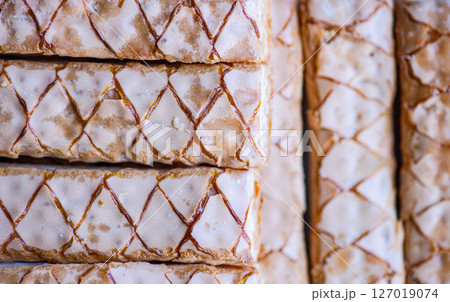 Textured fresh baked puff pastry Textured fresh baked puff pastry 127019074