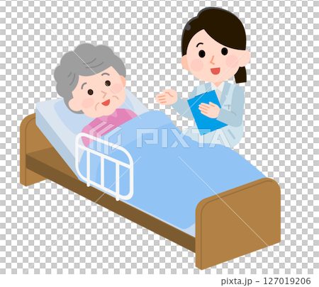 訪問診療　往診する女性医師と患者の高齢女性　イラスト 127019206