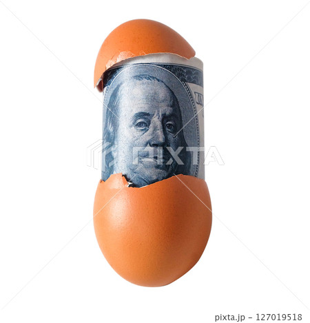 US bank note in egg shell on white background. 127019518
