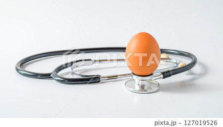 Eggs on stethoscope on white background. Nutrition concept. 127019526