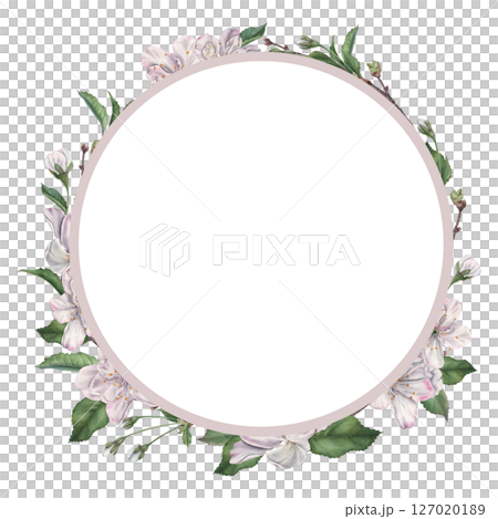 Wreath of cherry blossom, leaves, flower buds and twigs. Hand drawn watercolor illustration of round frame on isolated background. Floral template for tableware, wedding design, greeting cards Wreath of cherry blossom, leaves, flower buds and twigs. Hand drawn watercolor illustration of round frame on isolated background. Floral template for tableware, wedding design, greeting cards 127020189