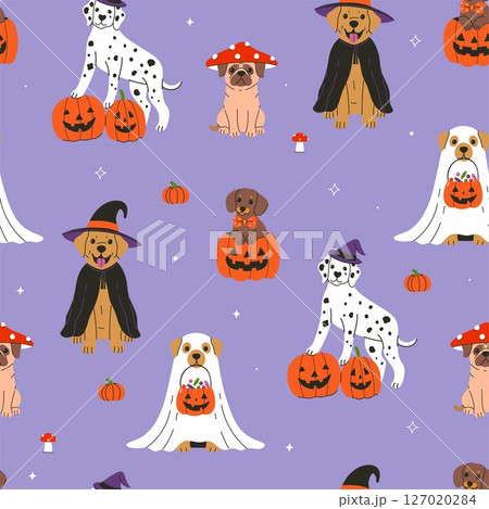 Seamless pattern with cute dogs in Halloween costumes. Vector graphics. Seamless pattern with cute dogs in Halloween costumes. Vector graphics. 127020284