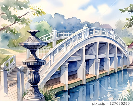 新緑の公園の池に架かる石の太鼓橋 新緑の公園の池に架かる石の太鼓橋 127020299