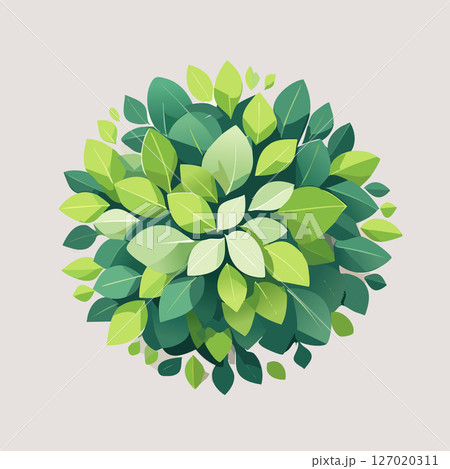 Modern stylized foliage illustration, symmetrical green plant with layered leaves, flat design with soft gradient shadows and clean copy space. 127020311