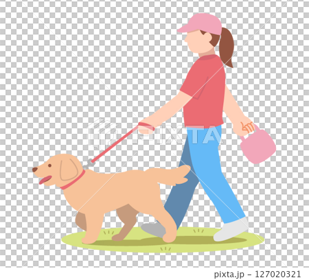 Illustration of a woman walking a dog 127020321