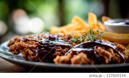 Macro photography of chicken chop grilled to perfection and served with crispy fries and a touch of purple garnish 127020334