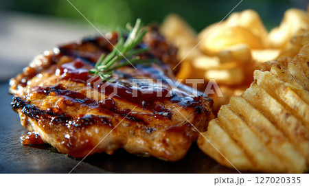 Deliciously seared chicken chop glazed with barbecue sauce served with golden fries and herbs in a close up shot Deliciously seared chicken chop glazed with barbecue sauce served with golden fries and herbs in a close up shot 127020335