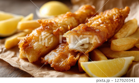 Golden fried fish and crispy chips served on a light yellow background with lemon wedges and tartar sauce on the side 127020341