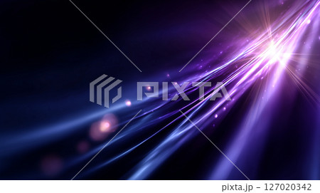 An abstract image with dark blue and purple light, illustrating luminous waves and radiant geometrical elements crossing through the visual field in a mesmerizing pattern 127020342