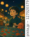 お祭りで金魚すくいをする男の子イラスト 127020379