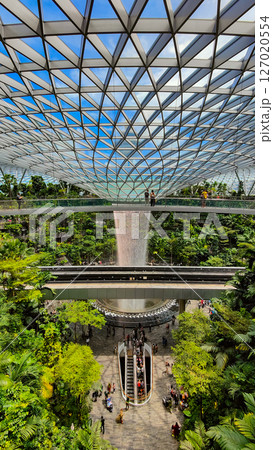 Singapore, 7 April 2025 : Parallax view of indoor Singapore rain vortex dome waterfall in rain forest Jewel Changi Airport Singapore 127020554