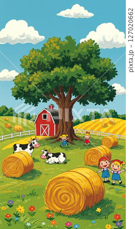 Children and cows enjoying a sunny day on a farm with hay bales 127020662