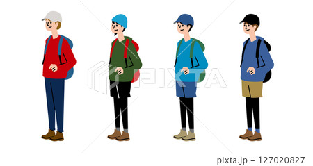 色とりどりな格好でトレッキングする男性のイラストセット 色とりどりな格好でトレッキングする男性のイラストセット 127020827