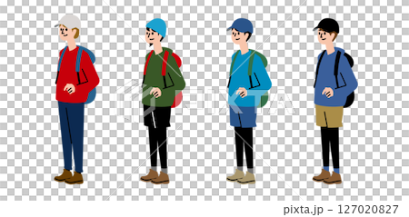 一組穿著色彩鮮豔的服裝徒步旅行的男人的插圖 127020827