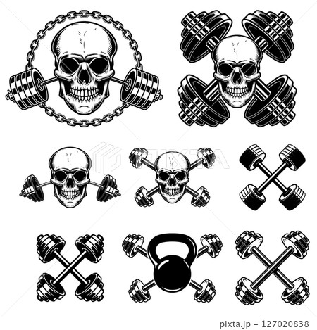 Skull with crossed gym barbells. Gym consept. Design element for logo, label, sign, poster. Skull with crossed gym barbells. Gym consept. Design element for logo, label, sign, poster. 127020838