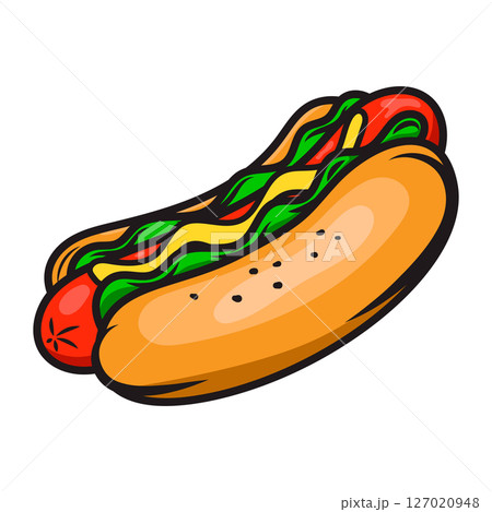 Illustration of hot dog in engraving style. Design element for poster, menu, sign. 127020948