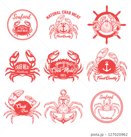 Set of vintage crab meat labels. Crab meat. Seafood emblems Set of vintage crab meat labels. Crab meat. Seafood emblems 127020962