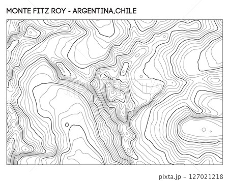 Topographic contour map of Monte Fitz Roy in Patagonia spanning Argentina and Chile with rugged elevation detail. Contour lines vector terrain background. 127021218