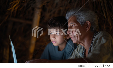 Elder and young programmer work together on preserving native language in a shaded jungle hut 127021772