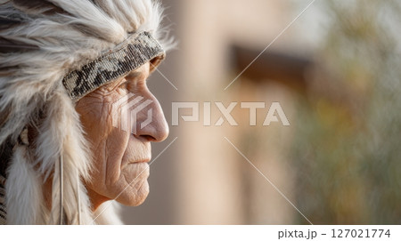 Elder in tribal attire stands by adobe home at golden hour, showcasing cultural heritage Elder in tribal attire stands by adobe home at golden hour, showcasing cultural heritage 127021774
