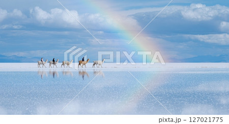 An Indigenous family walks llamas across a salt flat beneath a rainbow in a vibrant landscape An Indigenous family walks llamas across a salt flat beneath a rainbow in a vibrant landscape 127021775
