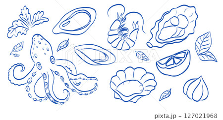 A beautifully stylized collection featuring various sea creatures and shellfish designs A beautifully stylized collection featuring various sea creatures and shellfish designs 127021968