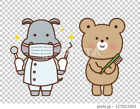 一隻拿著牙刷的熊和一隻作為牙醫的河馬的可愛插圖 127022001