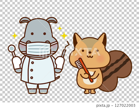 歯ブラシを持つリスと歯医者のカバのかわいいイラスト 127022003