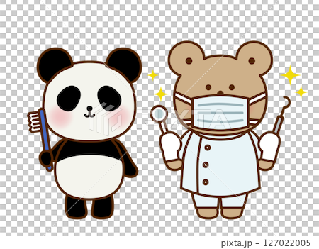 Cute illustration of a panda holding a toothbrush and a dentist bear Cute illustration of a panda holding a toothbrush and a dentist bear 127022005
