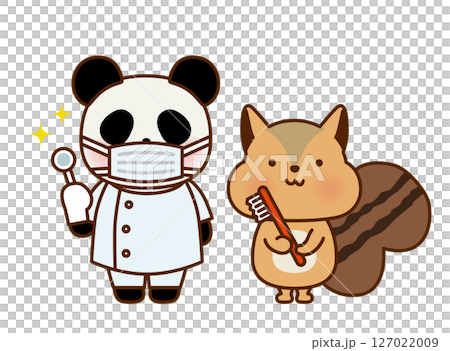 一隻拿著牙刷的松鼠和一隻牙醫熊貓的可愛插圖 127022009