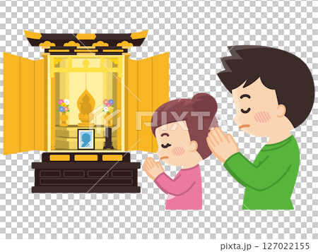 仏壇に向かって合掌する親子 仏壇に向かって合掌する親子 127022155