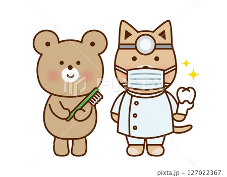 歯ブラシを持つくまと歯医者の犬のかわいいイラスト 127022367