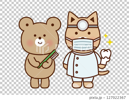 Cute illustration of a bear and a dentist dog holding a toothbrush 127022367