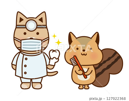歯ブラシを持つリスと歯医者の犬のかわいいイラスト 127022368