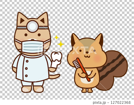 一隻拿著牙刷的松鼠和一隻牙醫狗的可愛插圖 127022368
