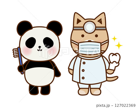 歯ブラシを持つパンダと歯医者の犬のかわいいイラスト 歯ブラシを持つパンダと歯医者の犬のかわいいイラスト 127022369