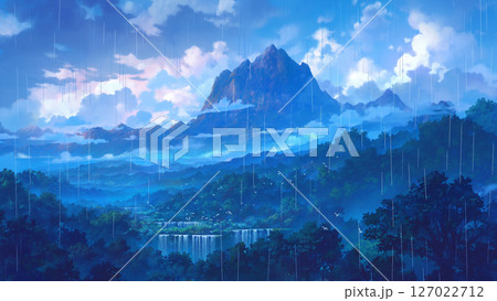 雨と遠くに見える岩山の風景、アニメ風 127022712